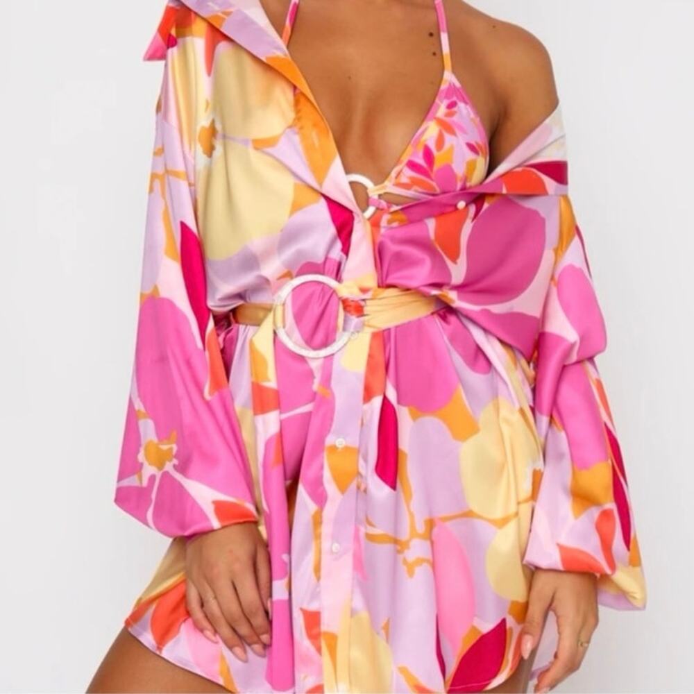 White Fox Boutique Island Dream Shirt Dress Swim Coverup Retro Floral - Sz S/M